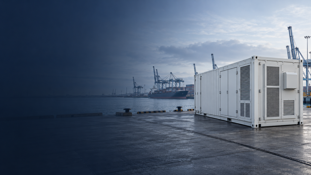 Concept illustration of a BESS enclosure at a Baltic container port