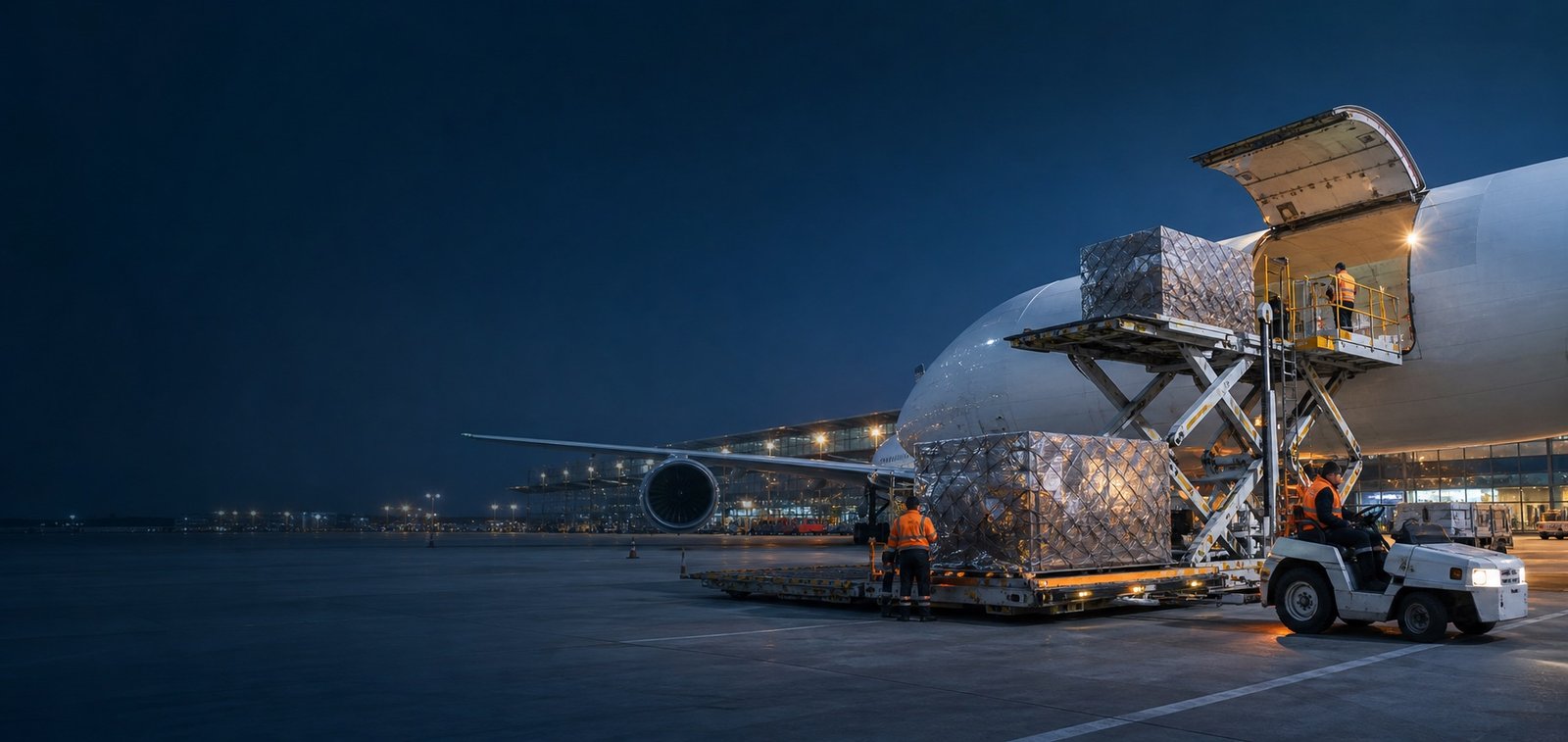 Cargo aircraft loading secured air cargo pallets at an international airport