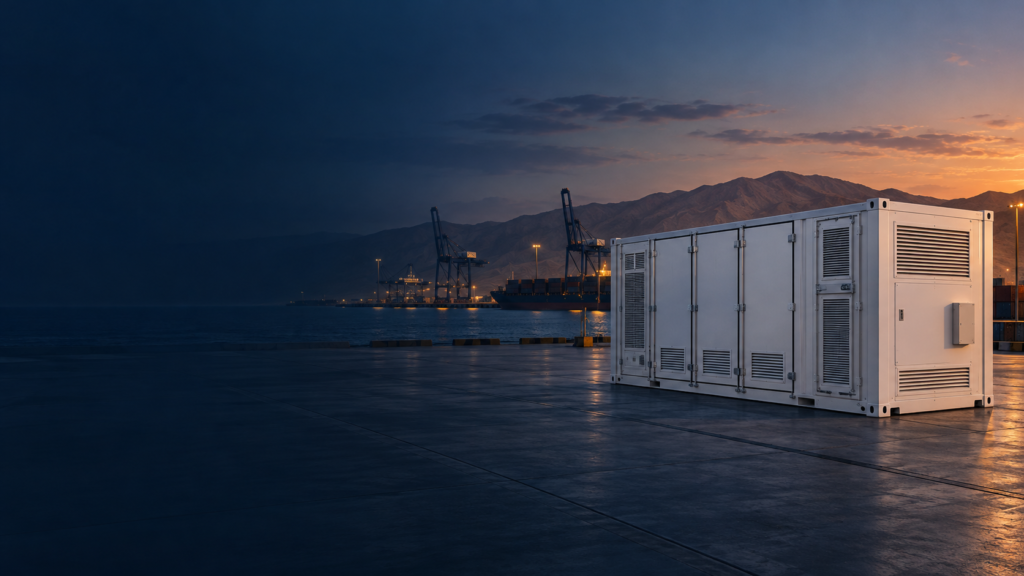 Concept illustration of a BESS container at a Chile-bound shipping port