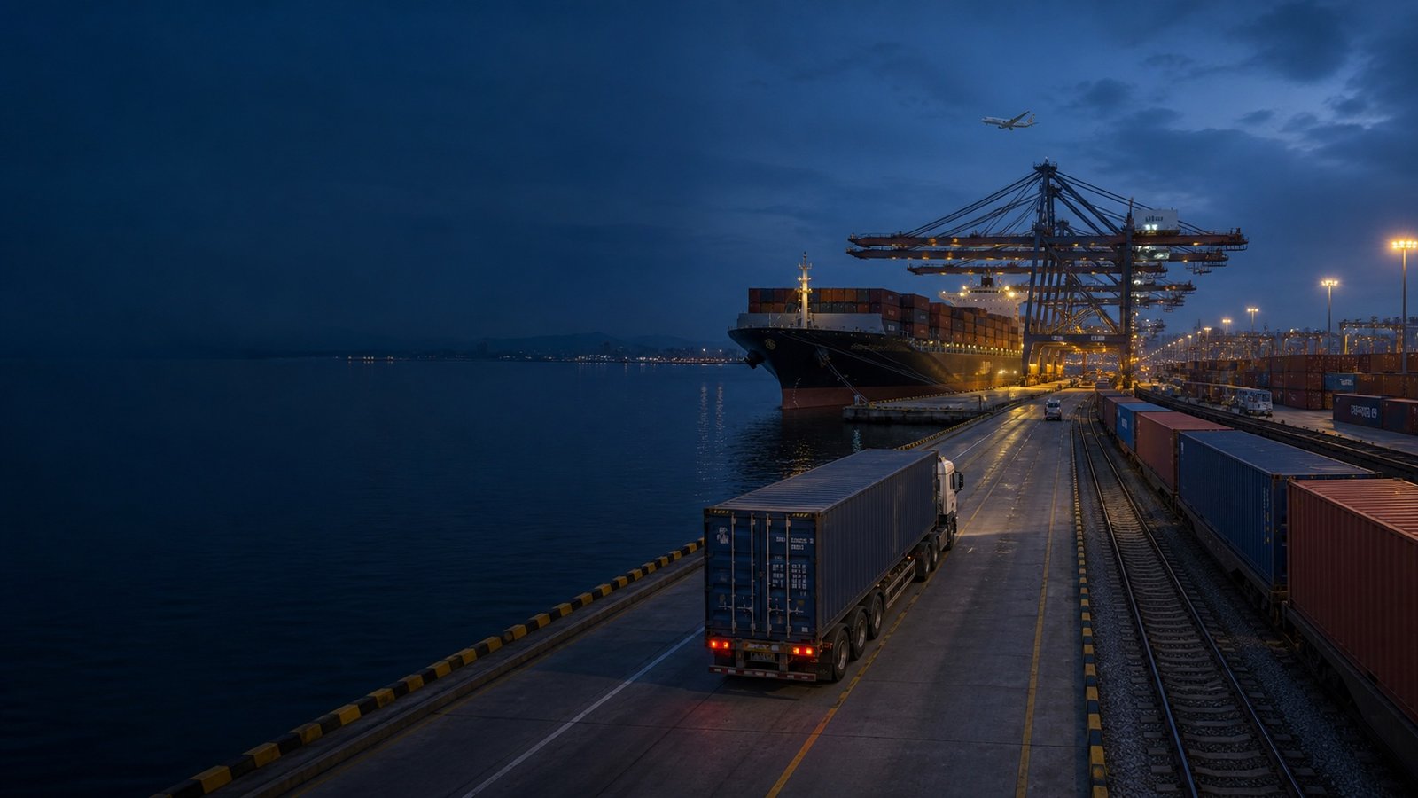 Sea, air, rail and road freight connections in a modern coastal logistics hub