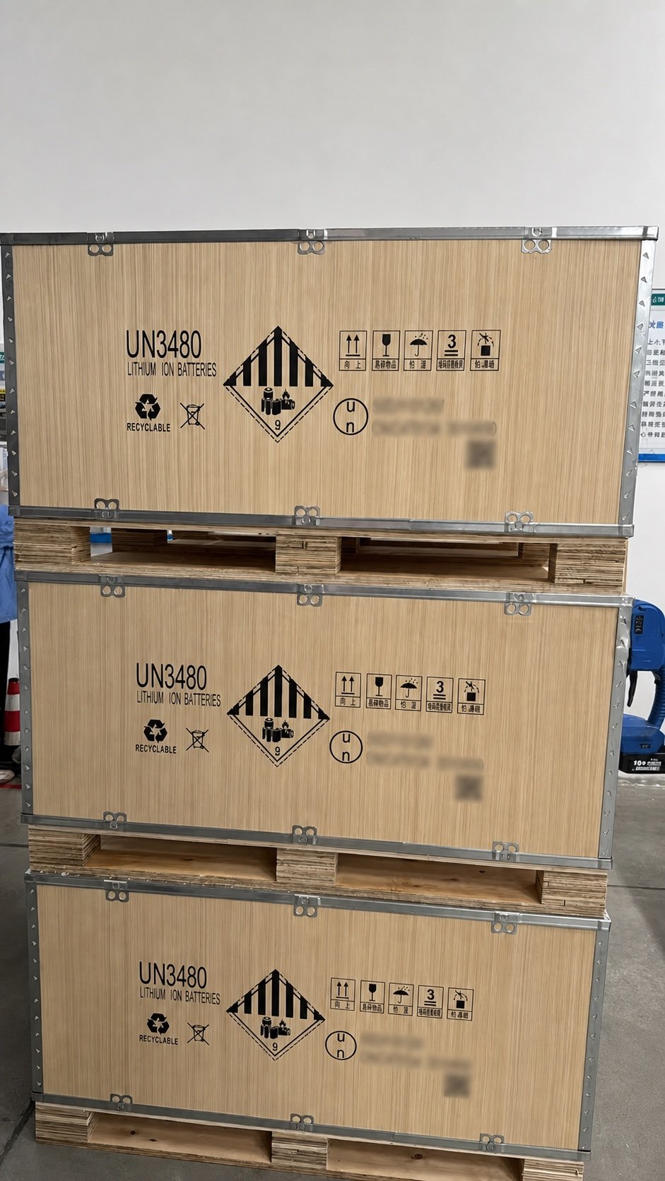 Anonymized lithium battery cargo prepared for transport