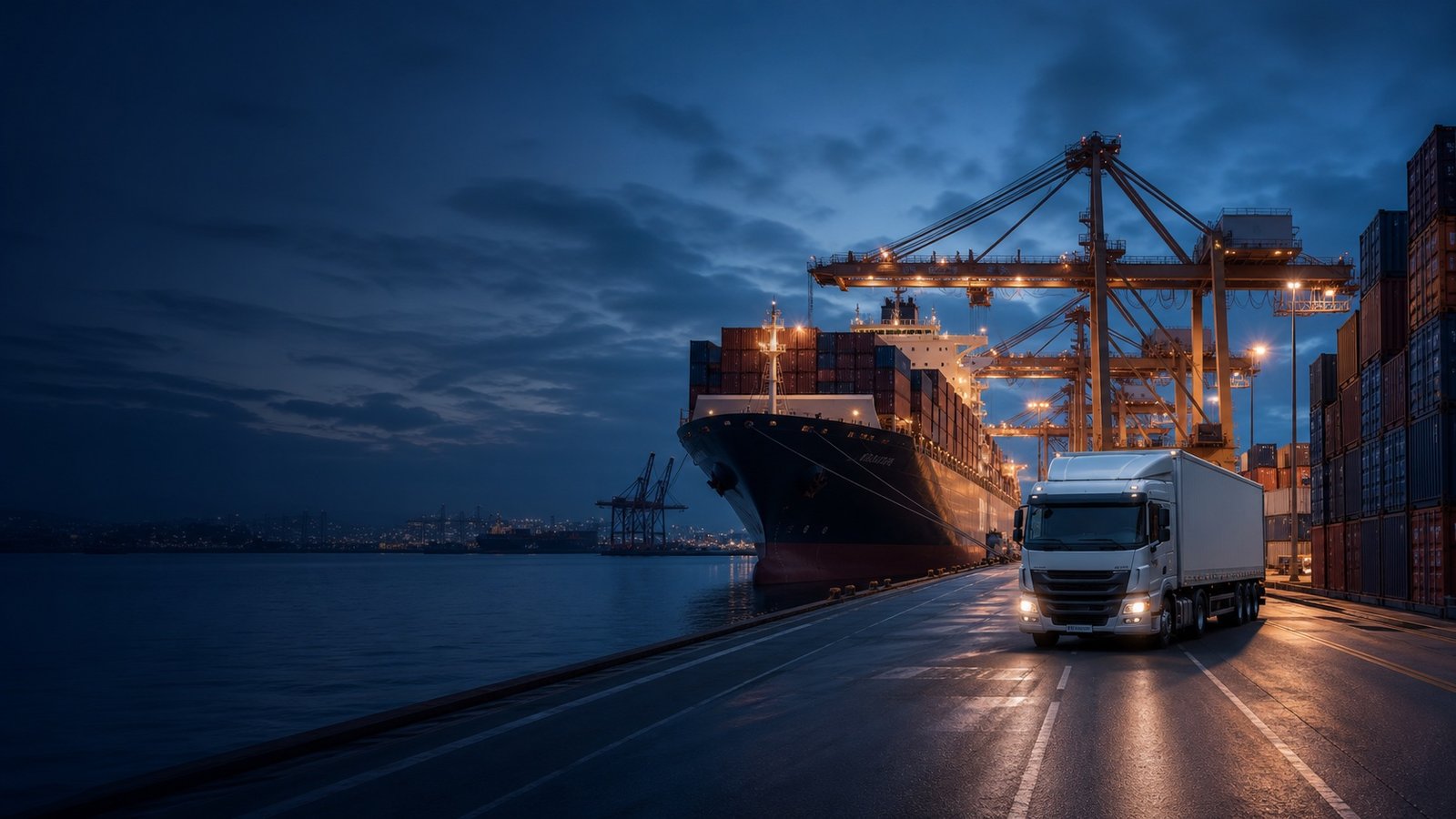 Coordinated sea freight arrival and road delivery handoff at a modern logistics terminal