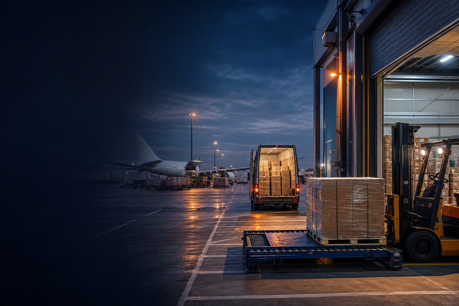 Unbranded international express cargo moving from a China-origin warehouse to air and last-mile delivery