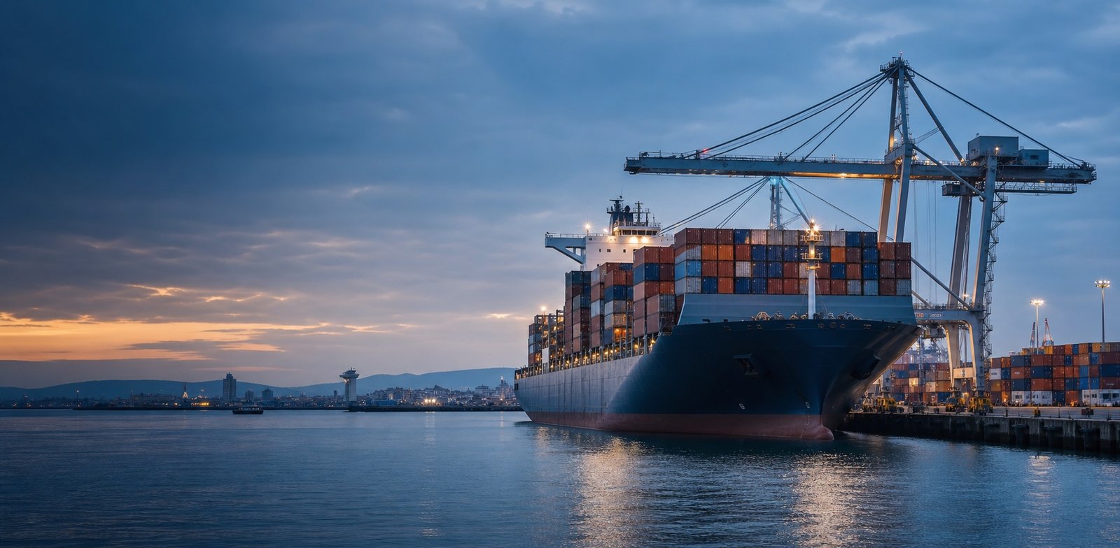 Container vessel beside quay cranes at a French deep-sea port at dawn
