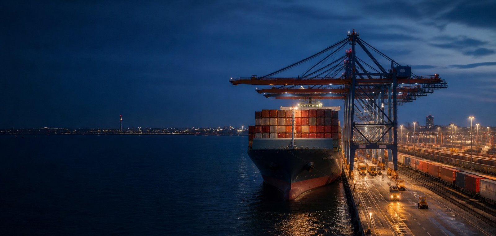 Container vessel, quay cranes and an intermodal rail terminal at blue hour