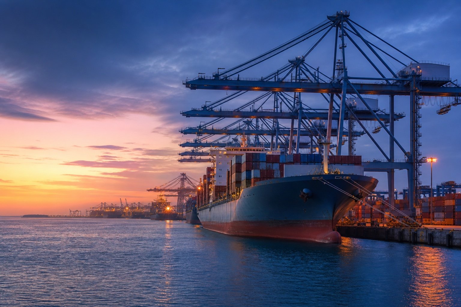 Container vessel and quay cranes at an Indian west-coast port during sunrise