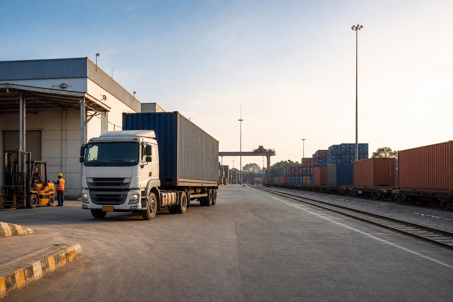 Container truck and rail freight at an Indian inland container depot