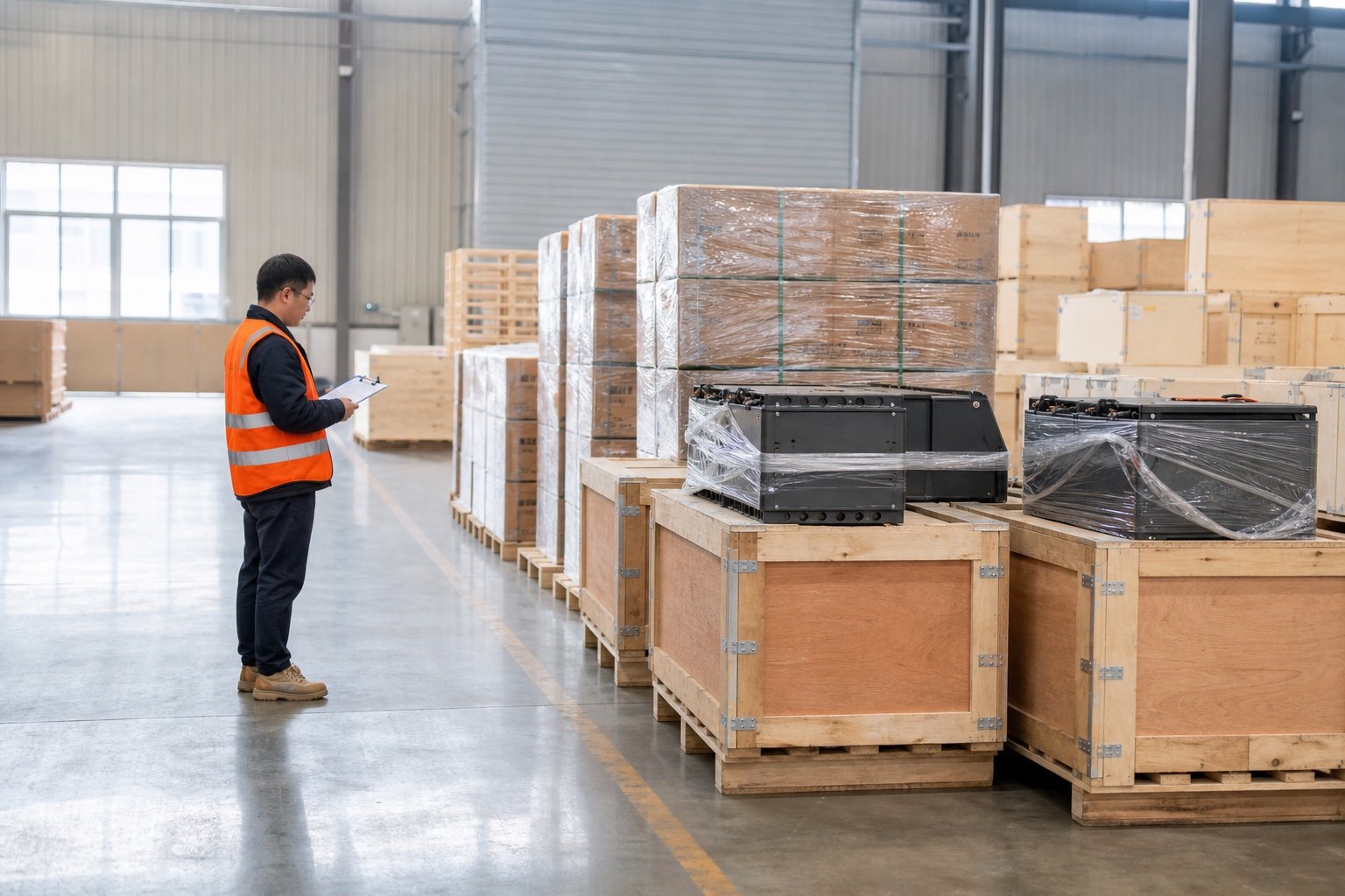 Palletized battery-powered equipment and export cases reviewed in a China warehouse