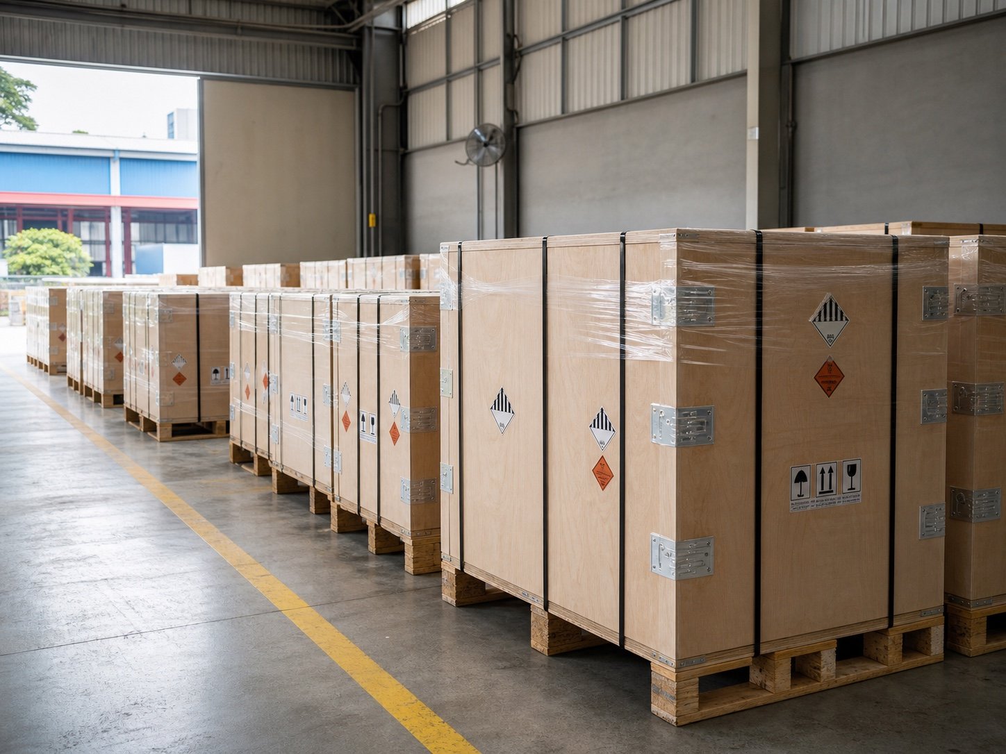 Export-ready battery cargo in reinforced cases at a freight warehouse