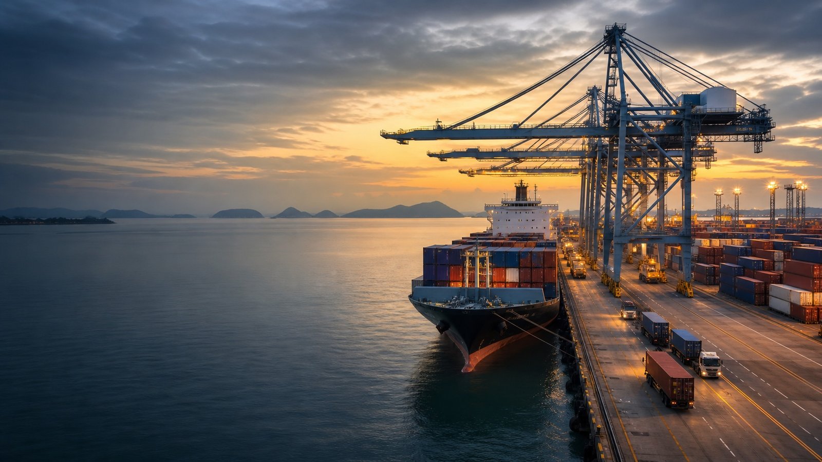 Container vessel, quay cranes and trucks at an Indonesian deep-sea port at dawn