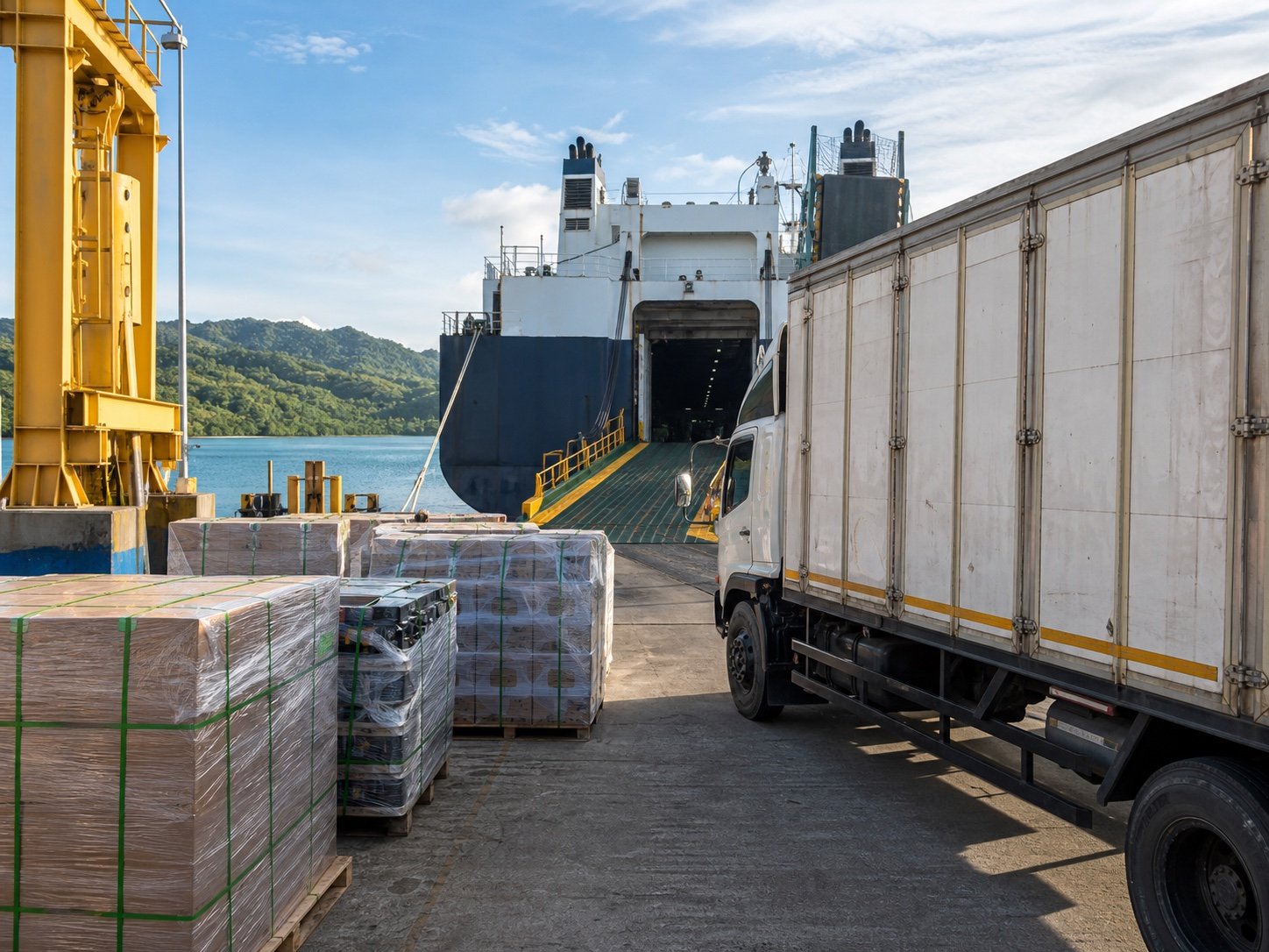 Palletized cargo and a container truck at an Indonesian roll-on roll-off ferry terminal