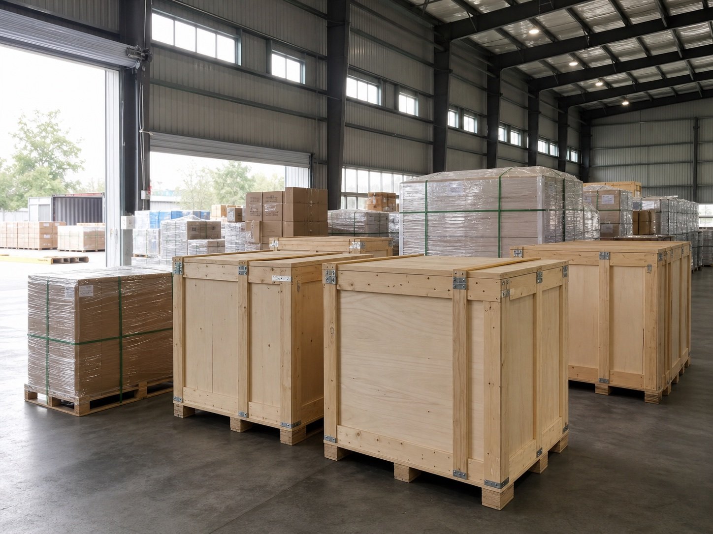 Reinforced export cases and palletized cargo staged in a freight warehouse
