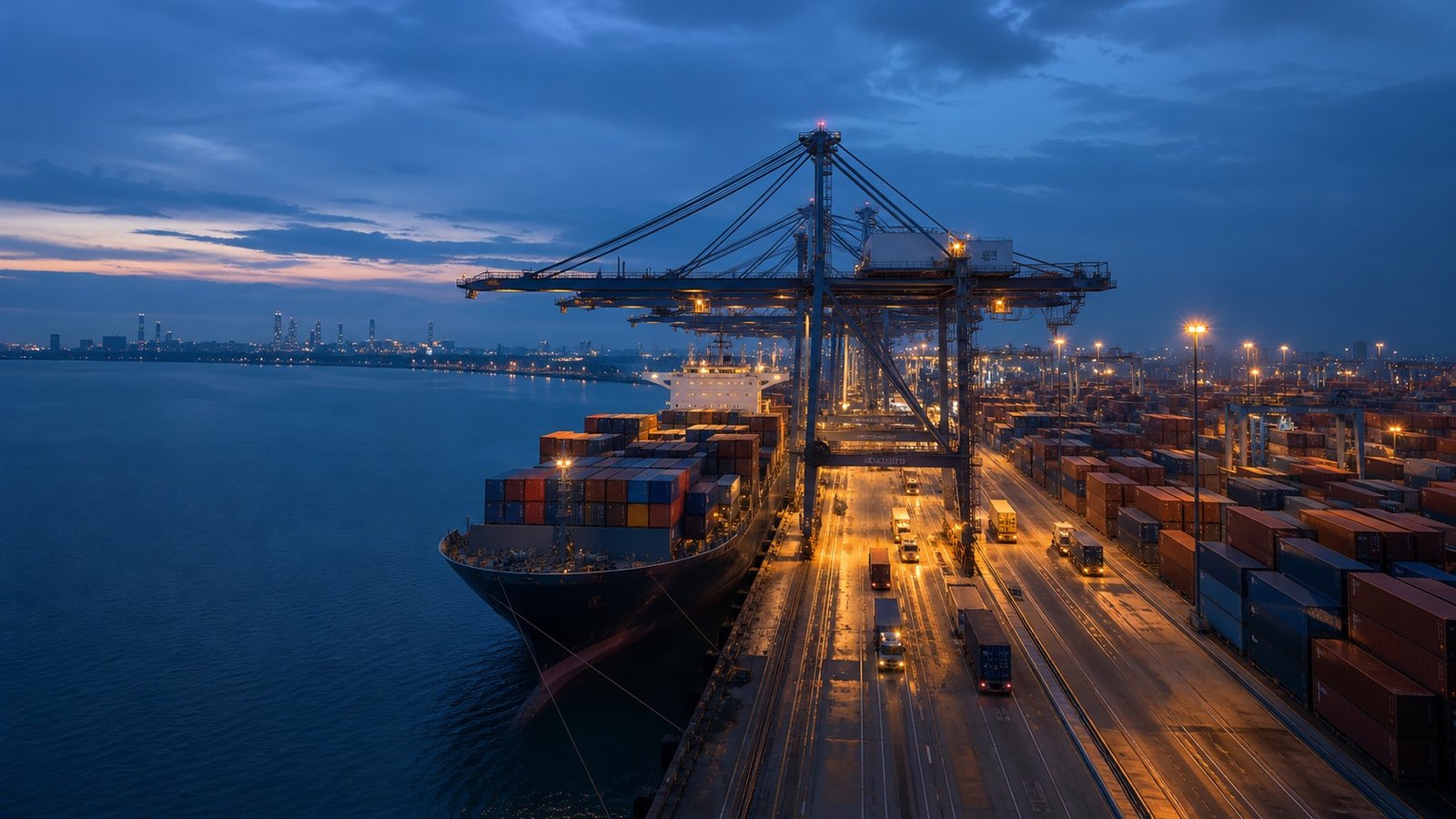 Container vessel, quay cranes and terminal traffic at Port Klang during blue hour