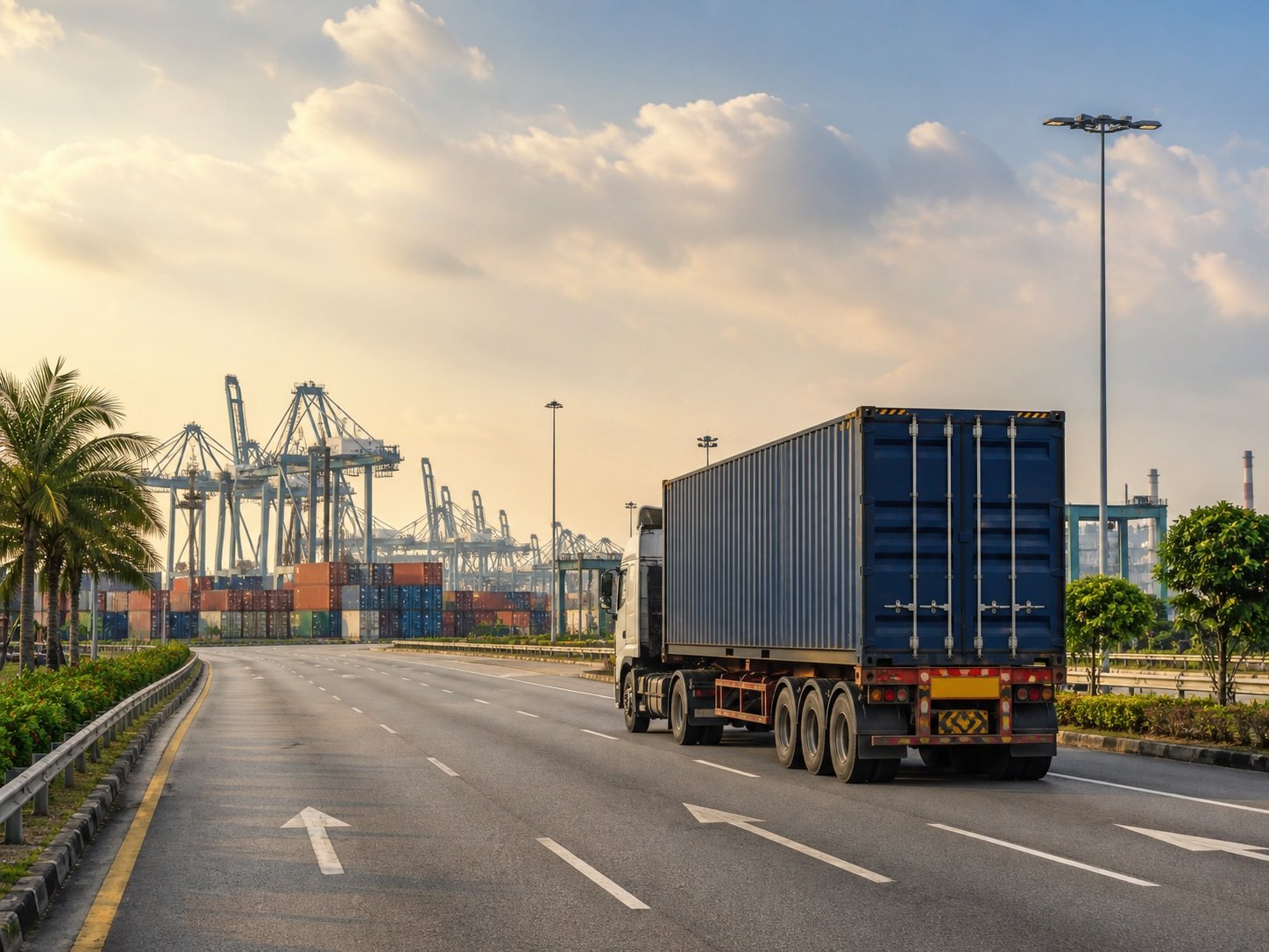 Container truck leaving a Malaysian seaport terminal for inland delivery