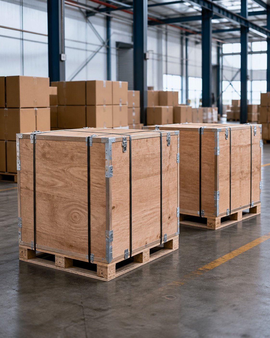 AI-generated illustration of palletized export cases in a China-origin warehouse