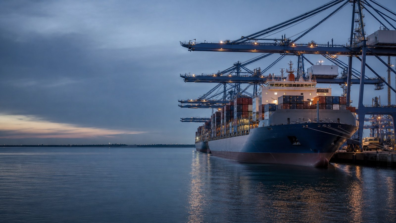 AI-generated illustration of a Rotterdam-inspired container terminal at blue hour