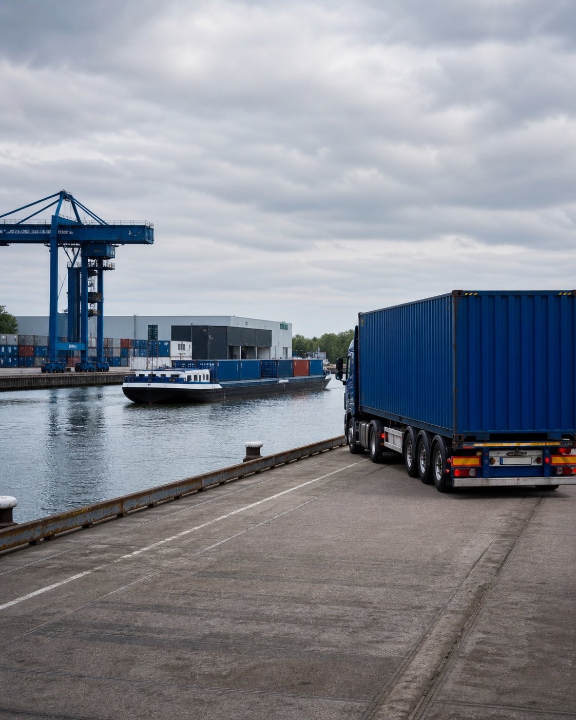 AI-generated illustration of a container truck and inland barge at a Dutch-style terminal