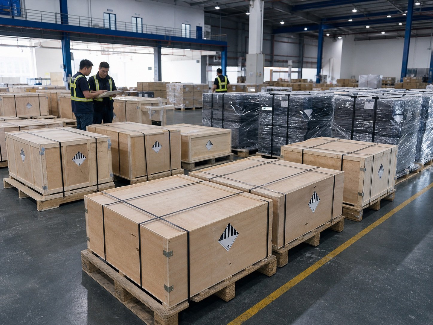 Export-ready battery cargo in reinforced cases at a freight warehouse