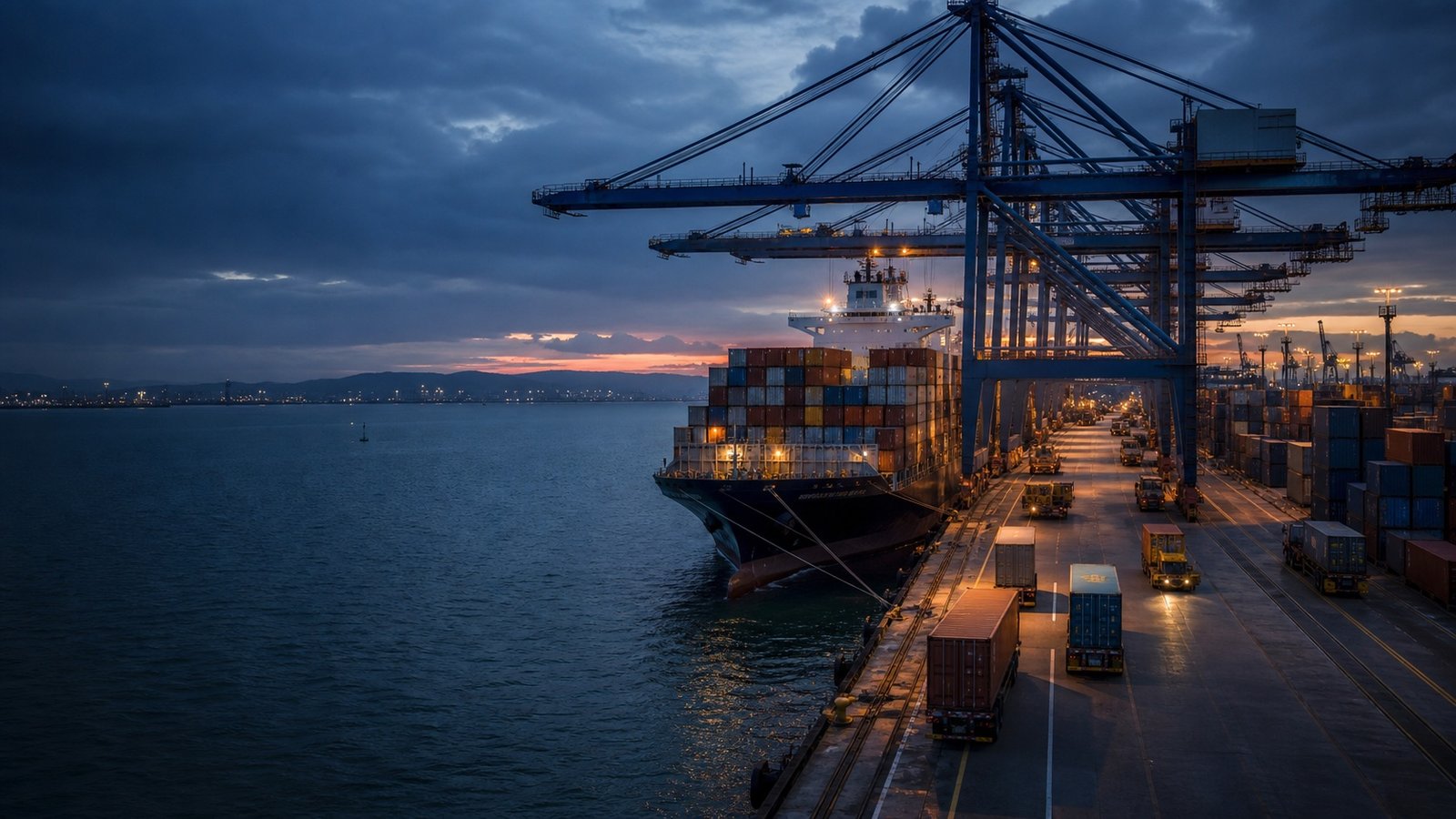 Container vessel, quay cranes and trucks at a Philippine deep-sea port at dawn