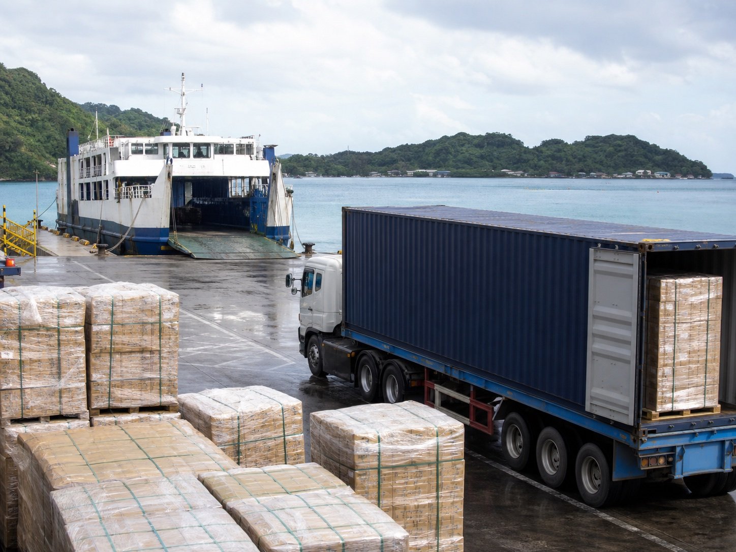 Palletized cargo and a container truck at a Philippine roll-on roll-off ferry terminal