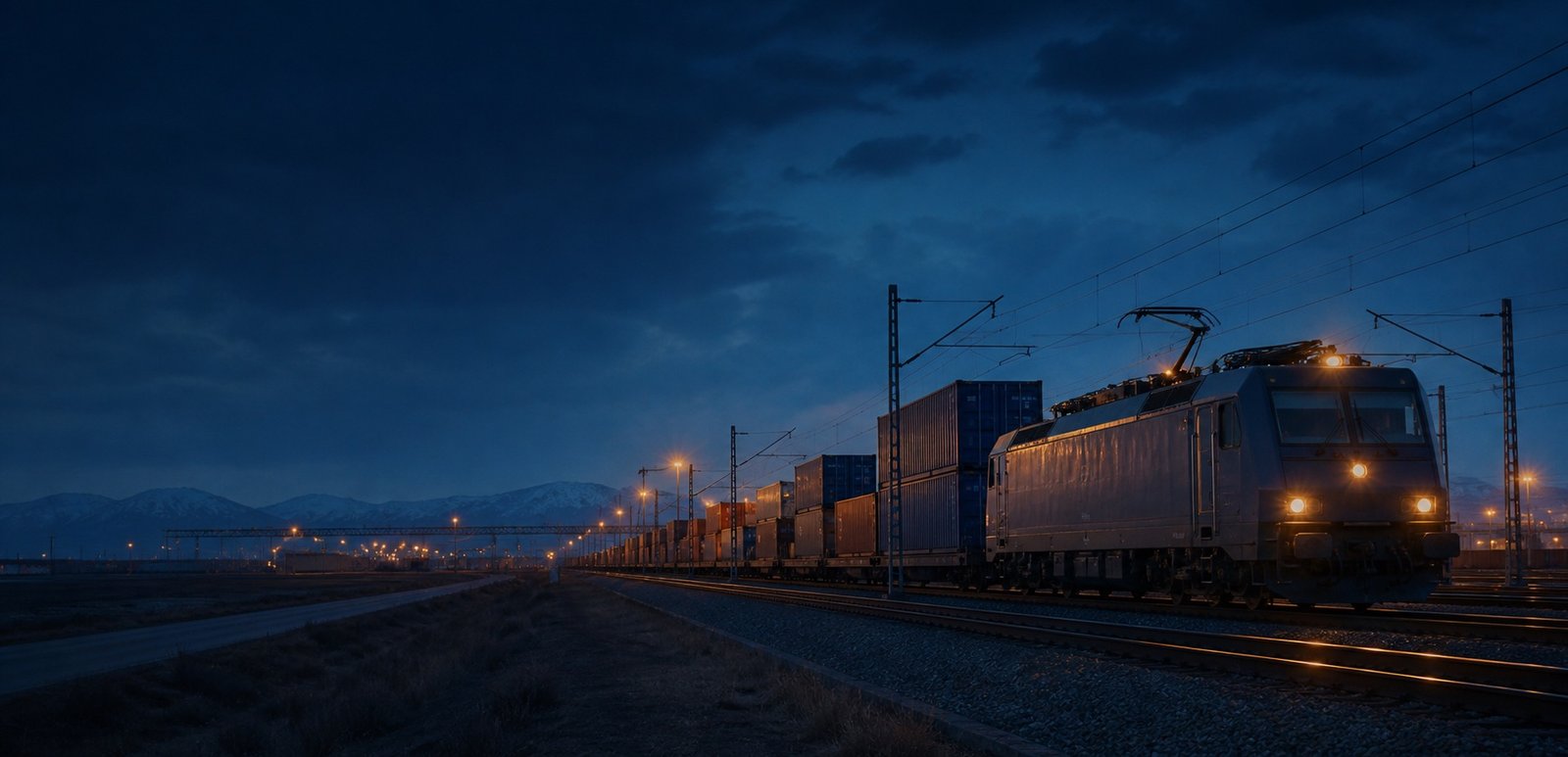 Container freight train crossing a Eurasian rail corridor at blue hour