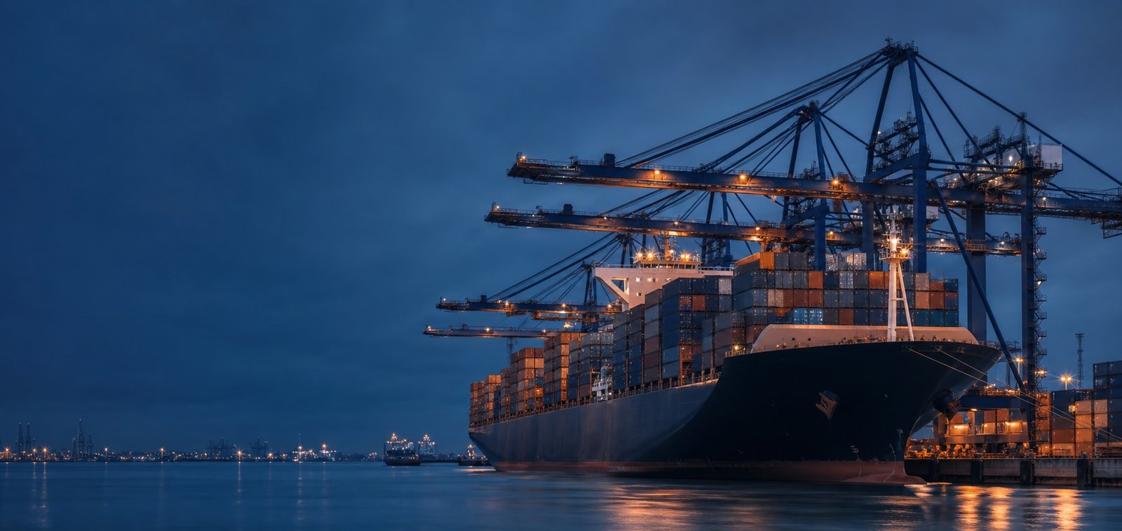 Container vessel and cranes at a South China export port at blue hour