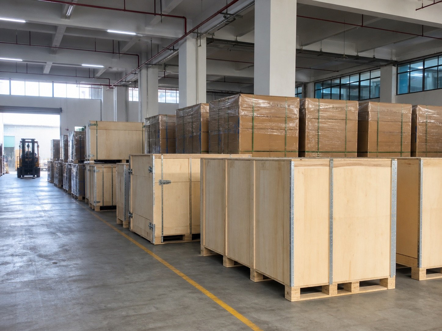 Reinforced export cases and palletized cargo staged in a clean freight warehouse