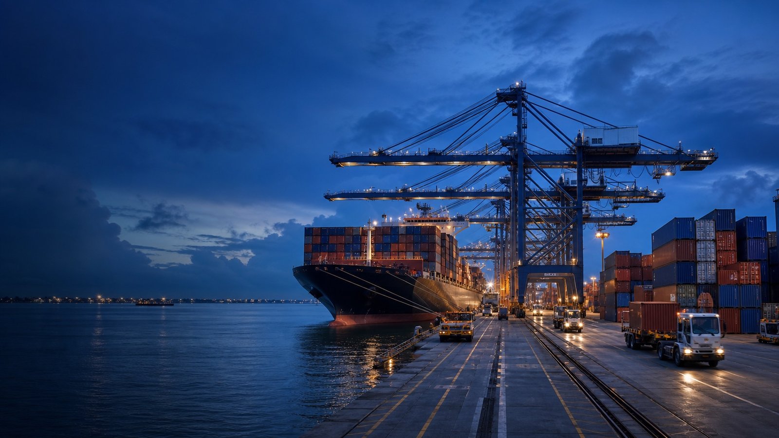 Container vessel, quay cranes and terminal traffic at a modern Singapore port during blue hour