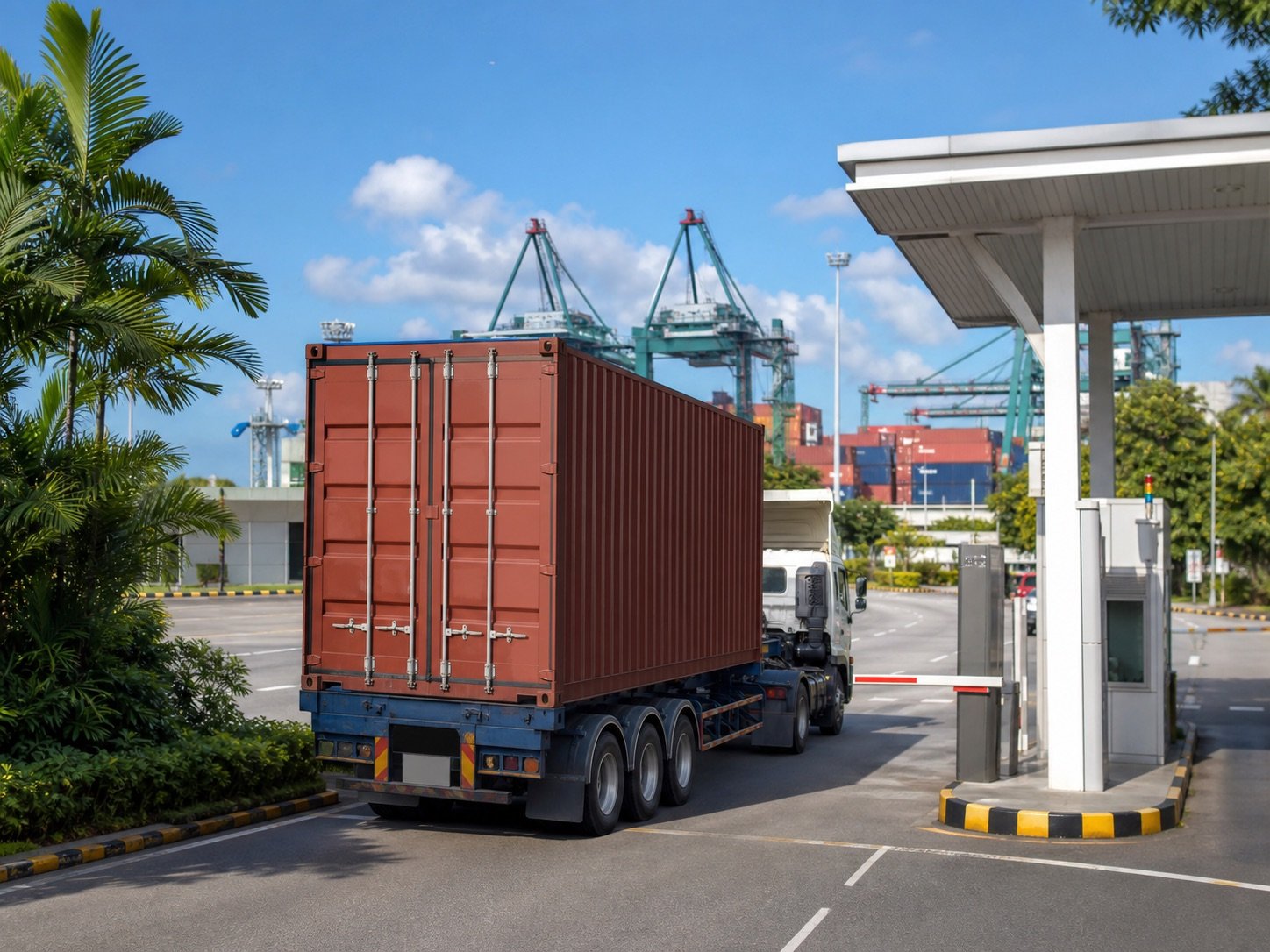 Generic container truck leaving a modern Singapore port handoff area for local delivery