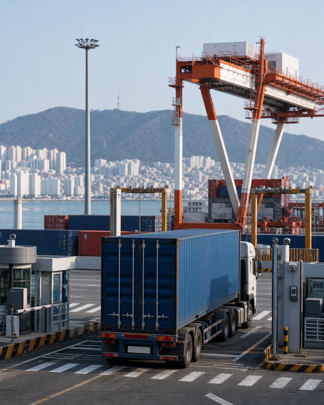 Container truck leaving a South Korean port for inland delivery