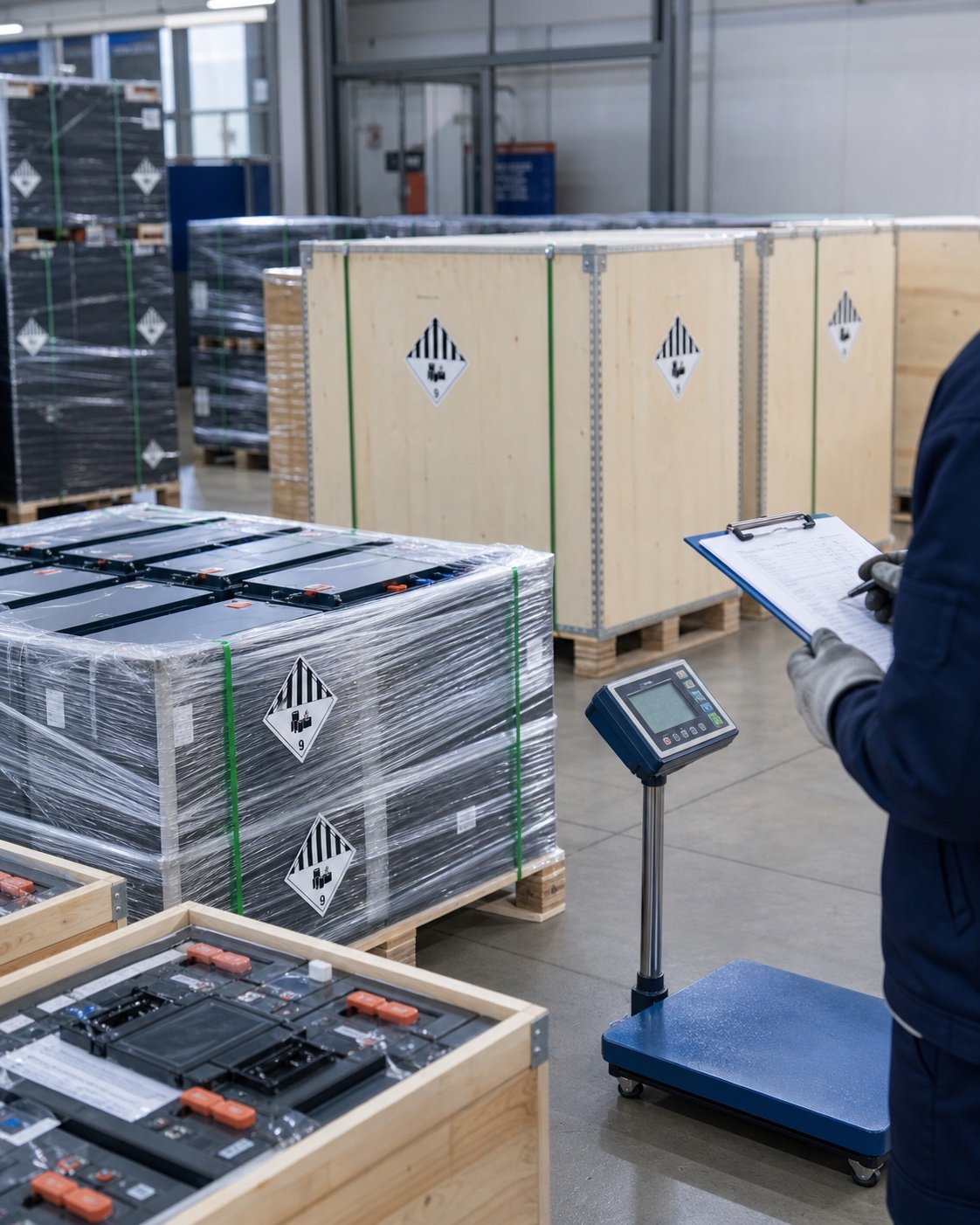 Palletized battery cargo and export cases reviewed in a China warehouse