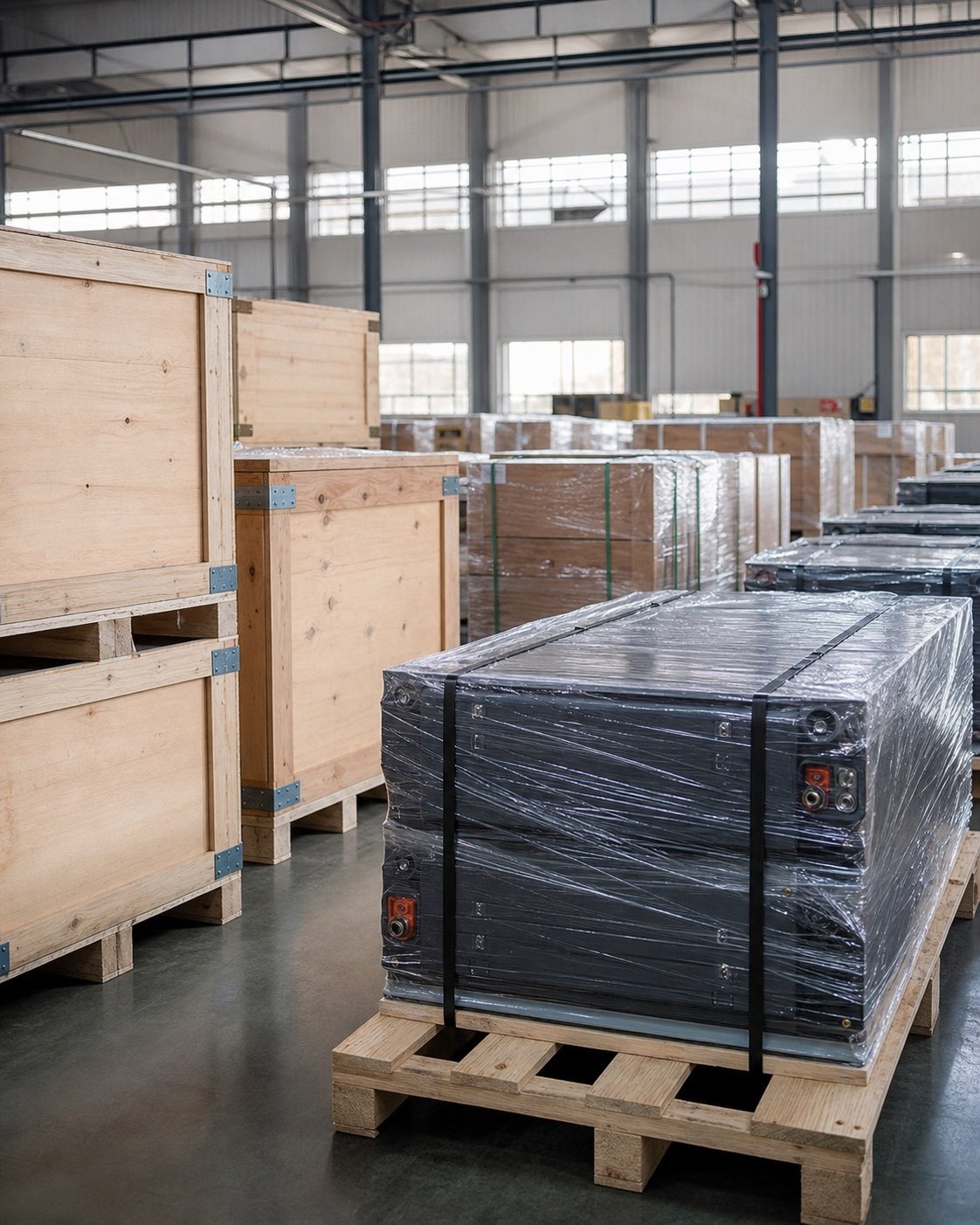 Secured export cases and palletized battery-powered equipment staged in a freight warehouse