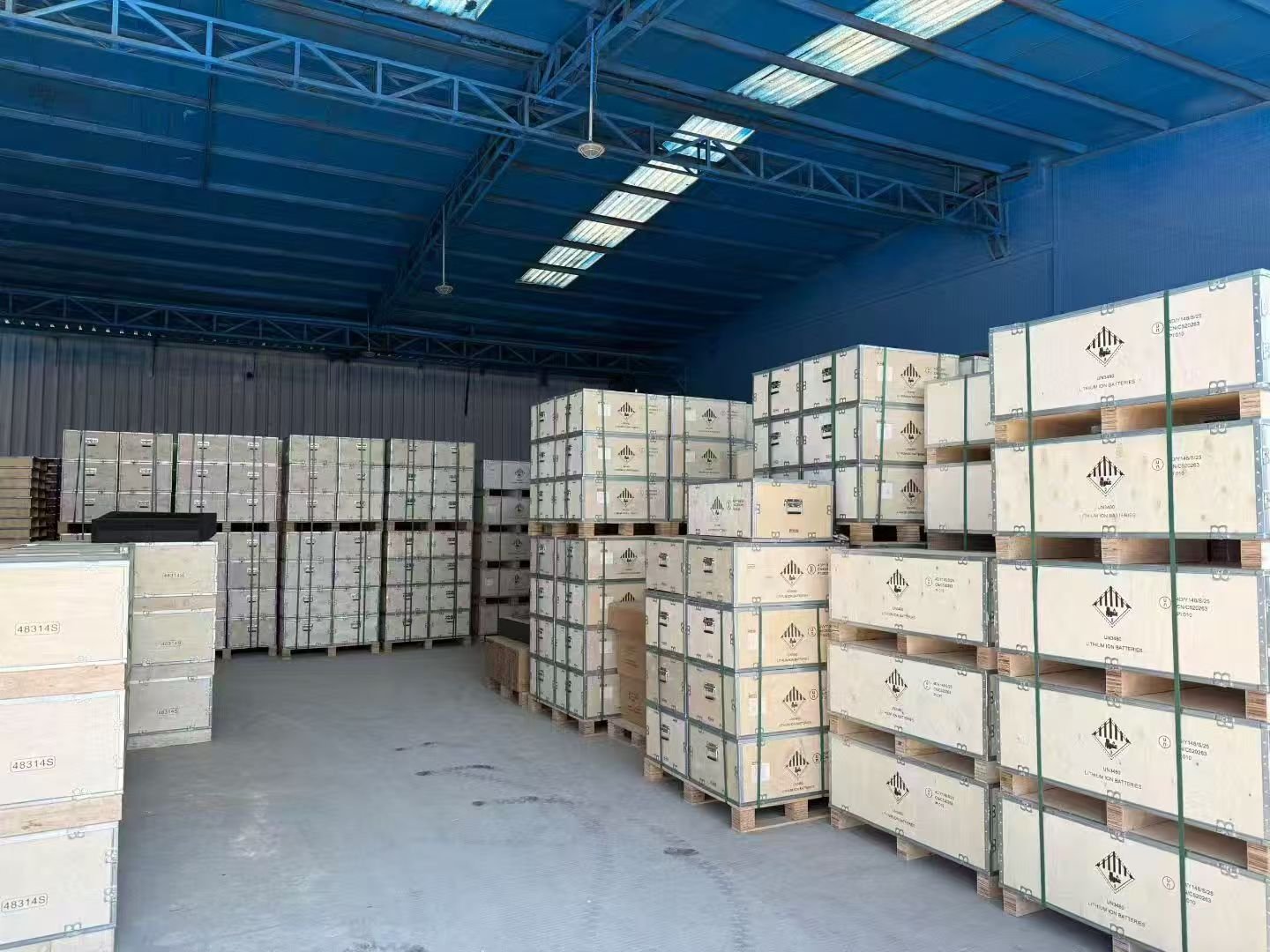 Lithium battery export cases arranged in a warehouse before dispatch