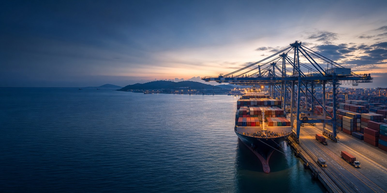 Container vessel and quay cranes at a Thai deep-sea port at dawn