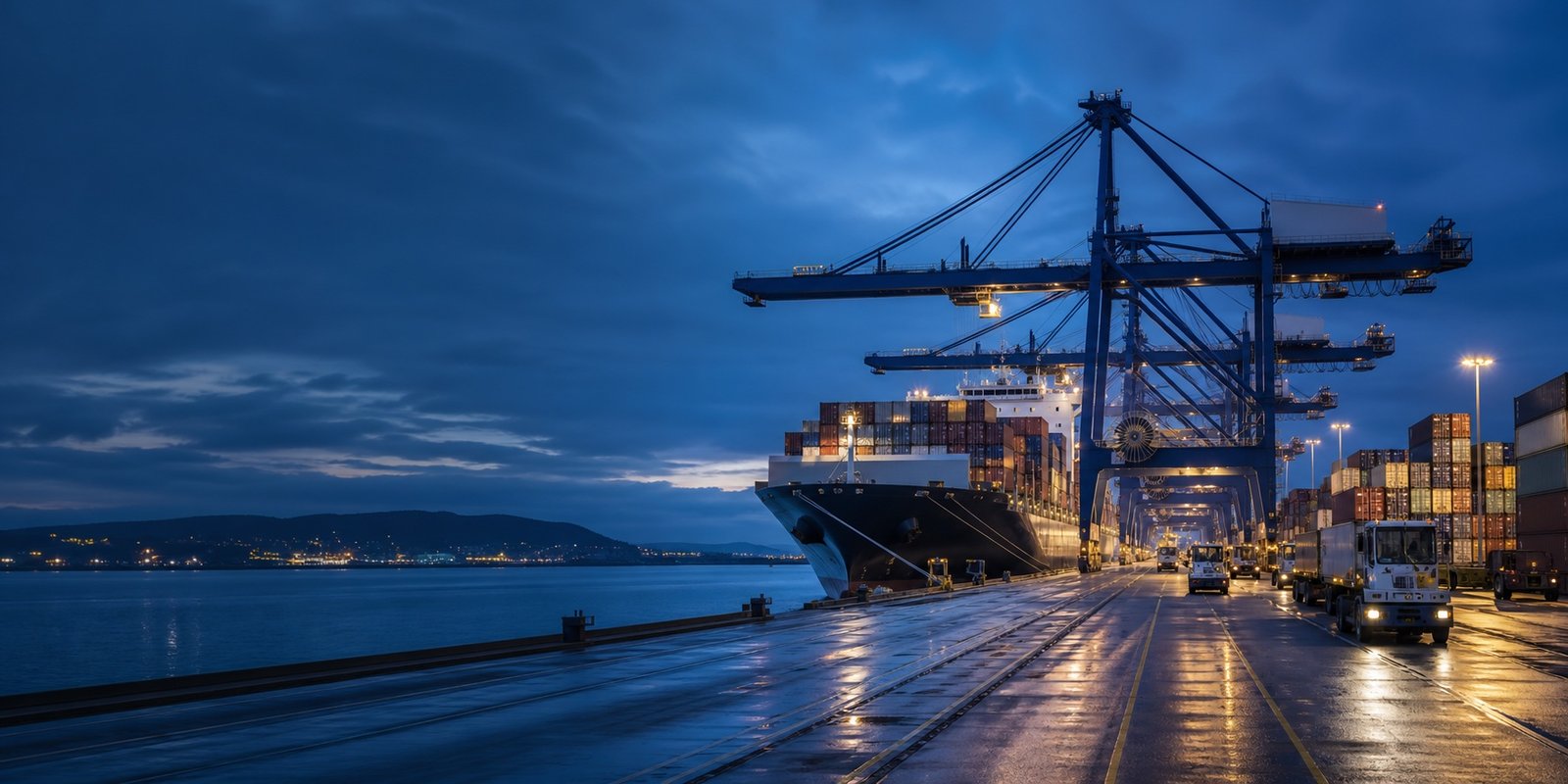 Container vessel and quay cranes at a United Kingdom deep-sea port at blue hour