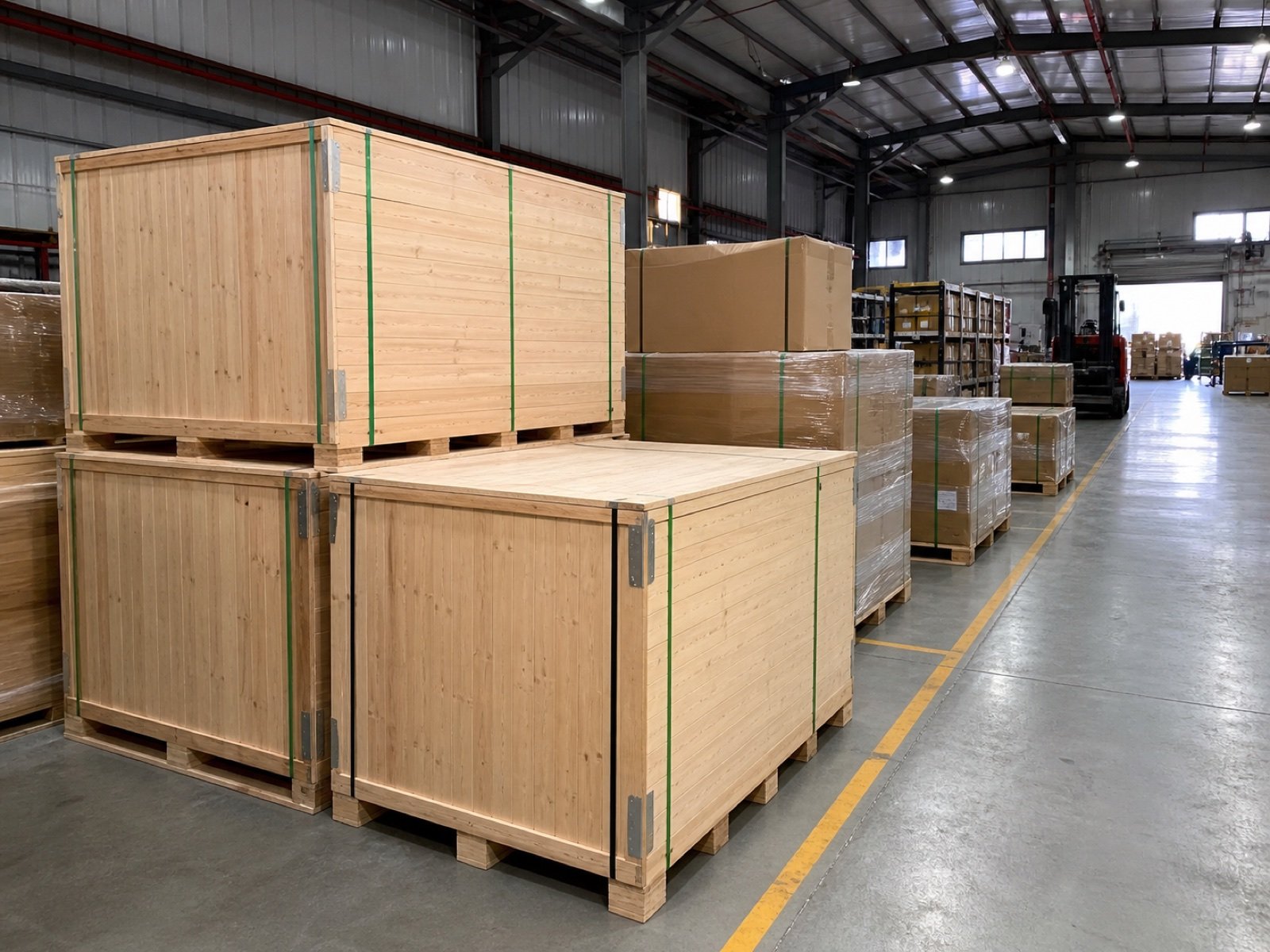 Reinforced export cases and palletized cargo staged in a warehouse