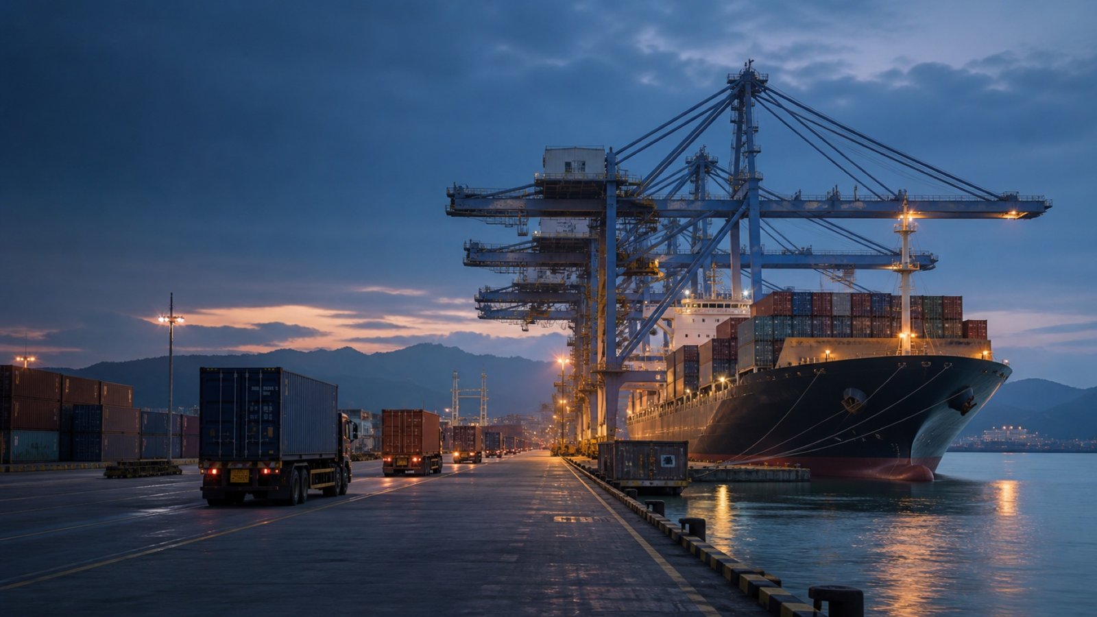 Container vessel, quay cranes and trucks at a Vietnamese deep-sea port at dawn