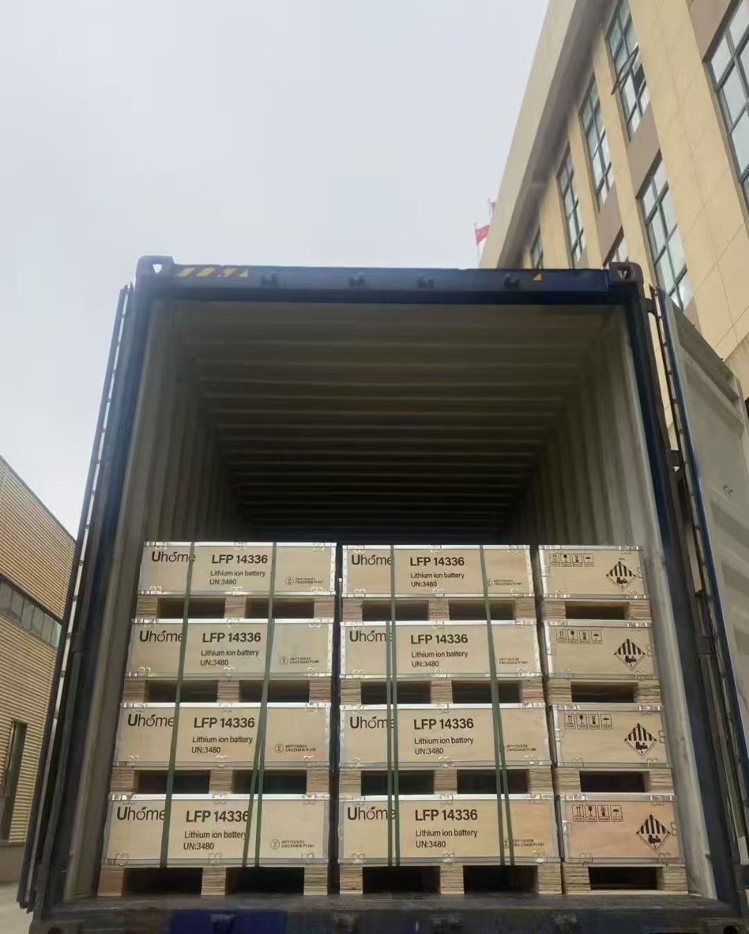 Authorized photograph of crated lithium-ion batteries loaded inside a shipping container