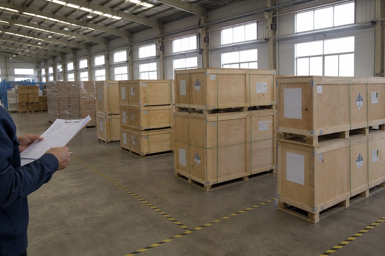 AI-generated export warehouse review scene with secured plywood cases