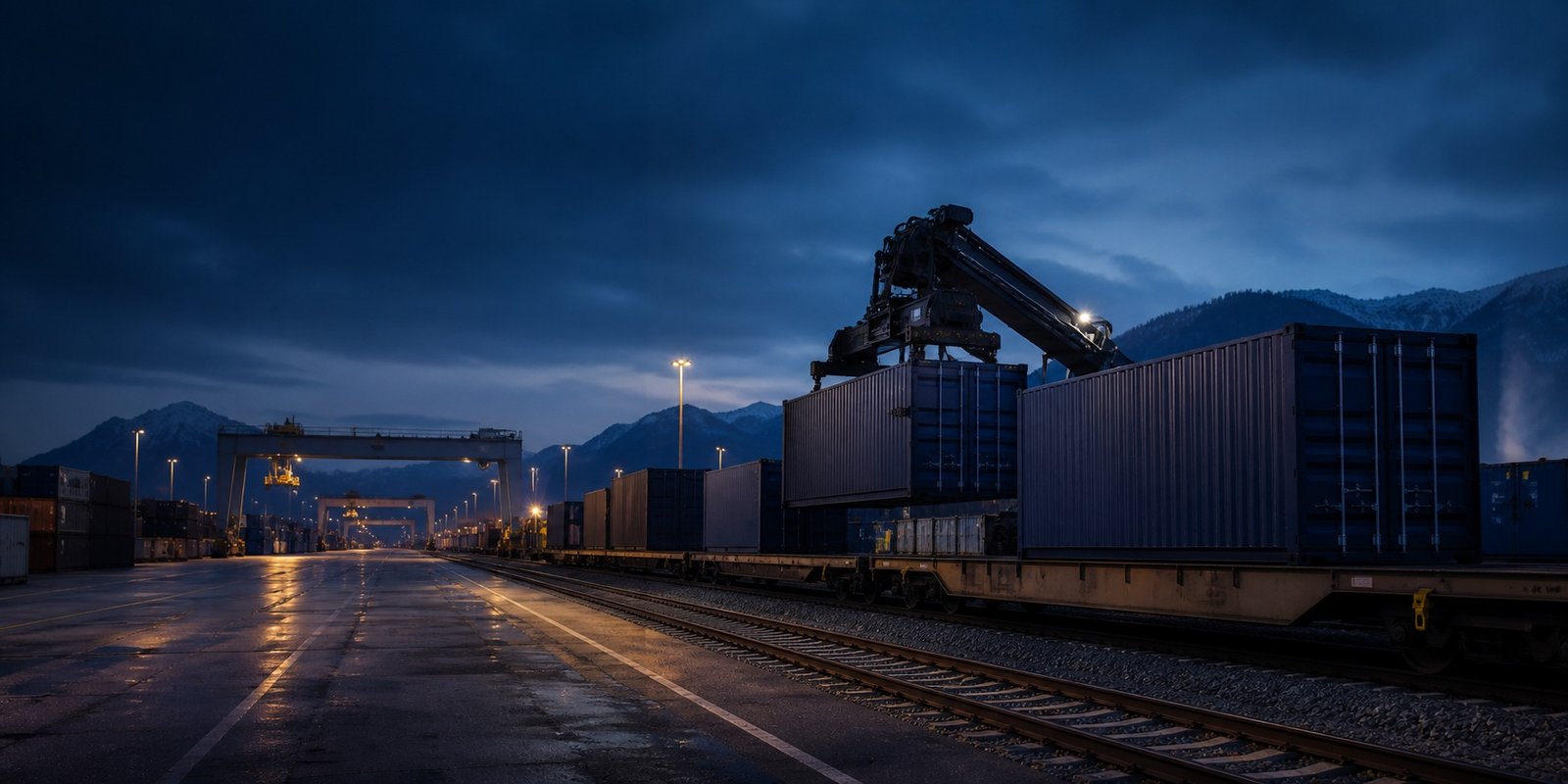 AI-generated intermodal terminal scene for an Austria freight route