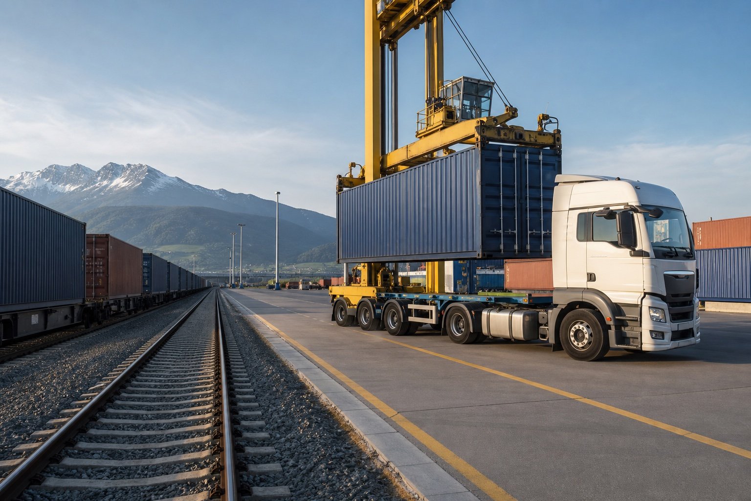 AI-generated rail and road freight handoff near an Alpine landscape