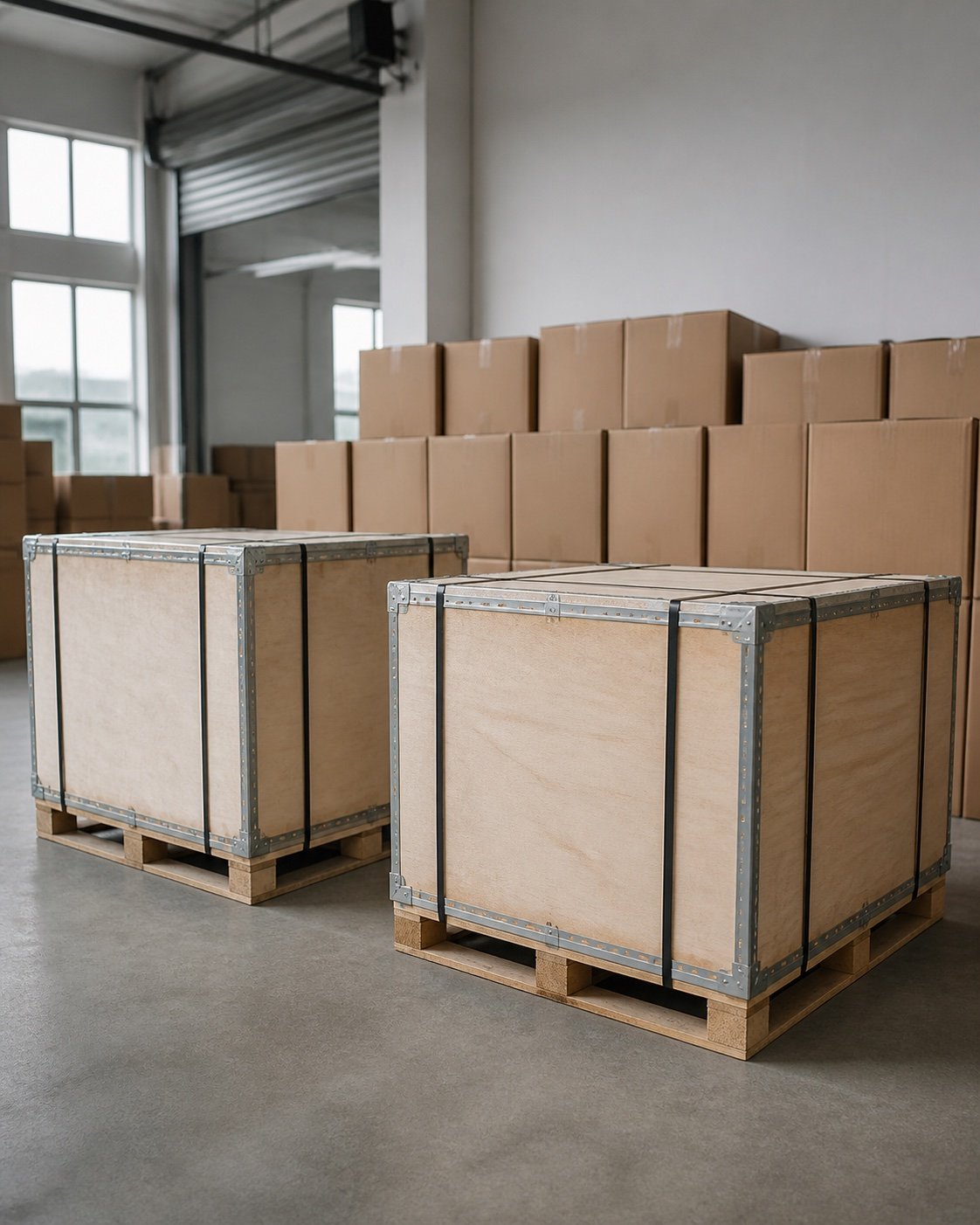 AI-generated illustration of export cases in a China-origin warehouse