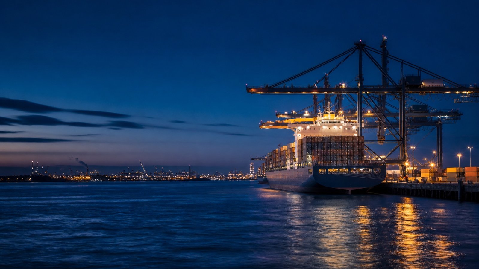 AI-generated illustration of an Antwerp-inspired container terminal at blue hour