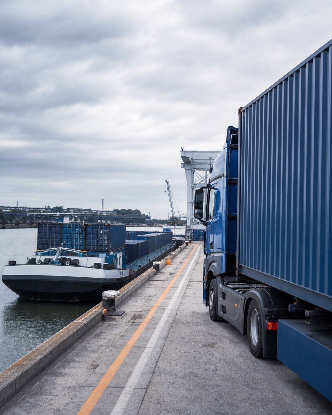 AI-generated illustration of a truck and inland barge at a Belgium-inspired terminal