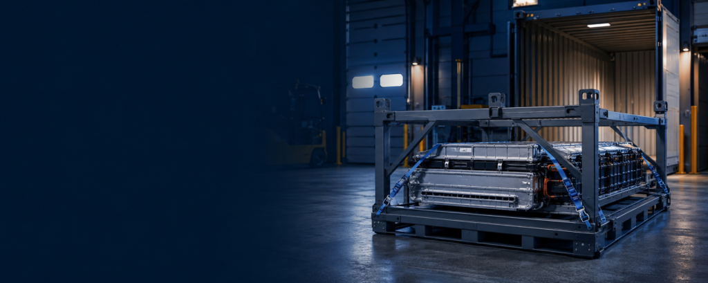 EV battery pack secured in an engineered transport frame for logistics planning