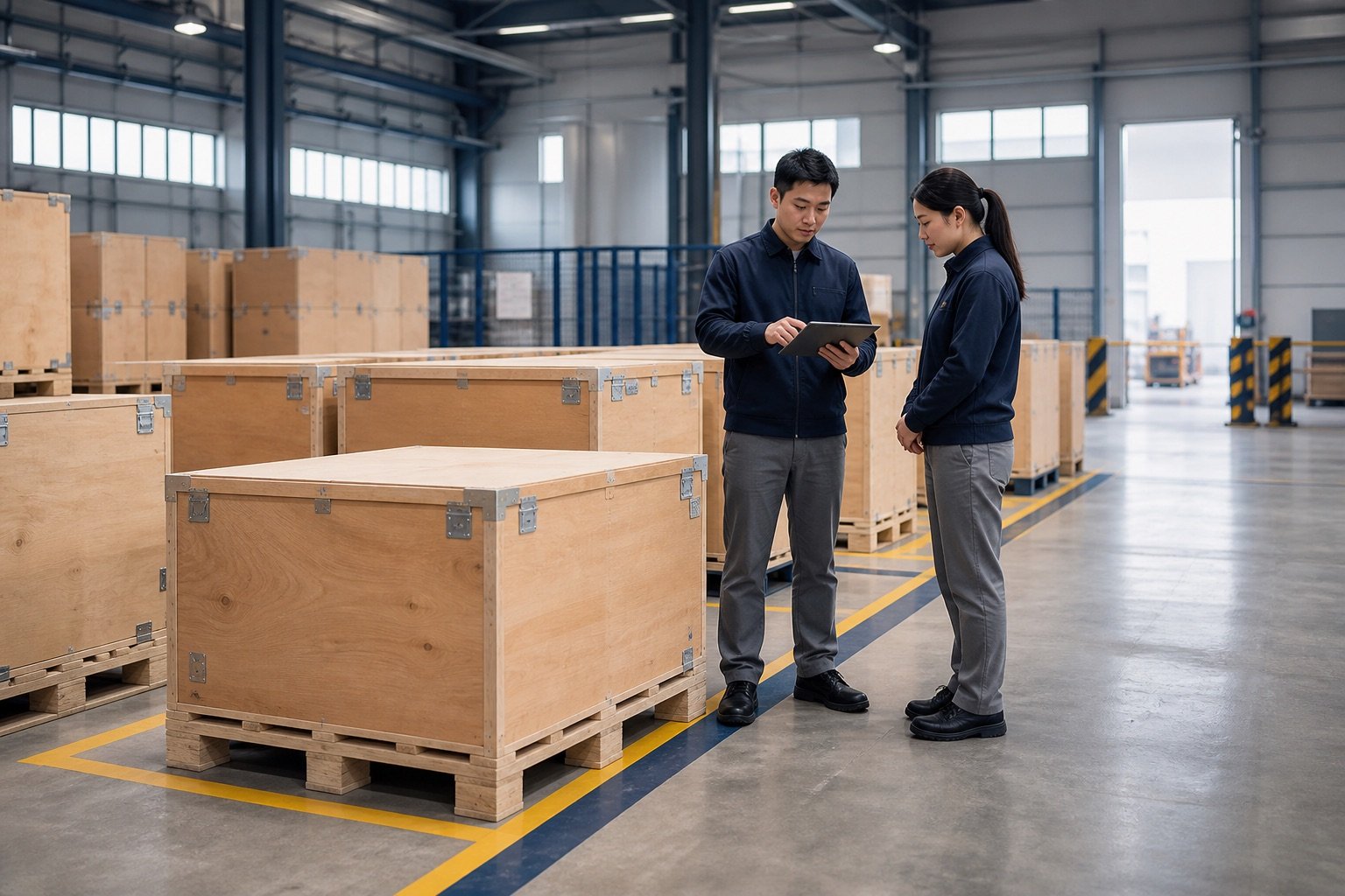 AI-generated China export warehouse review with secured plywood cases