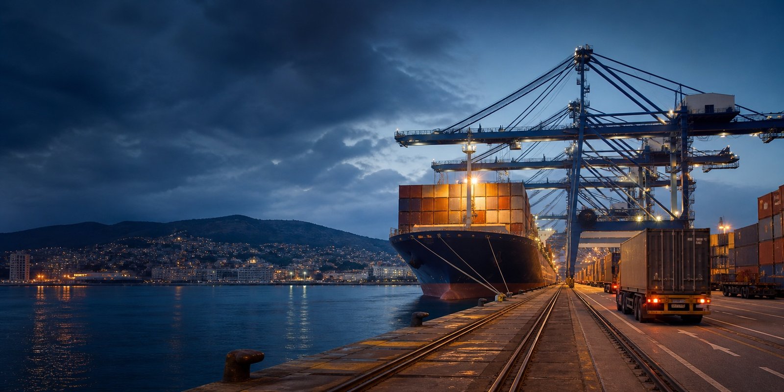 AI-generated Mediterranean port and intermodal scene for an Italy freight route