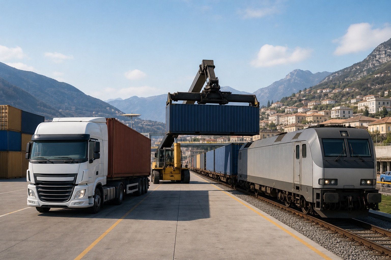 AI-generated rail and road freight handoff in an Italian landscape