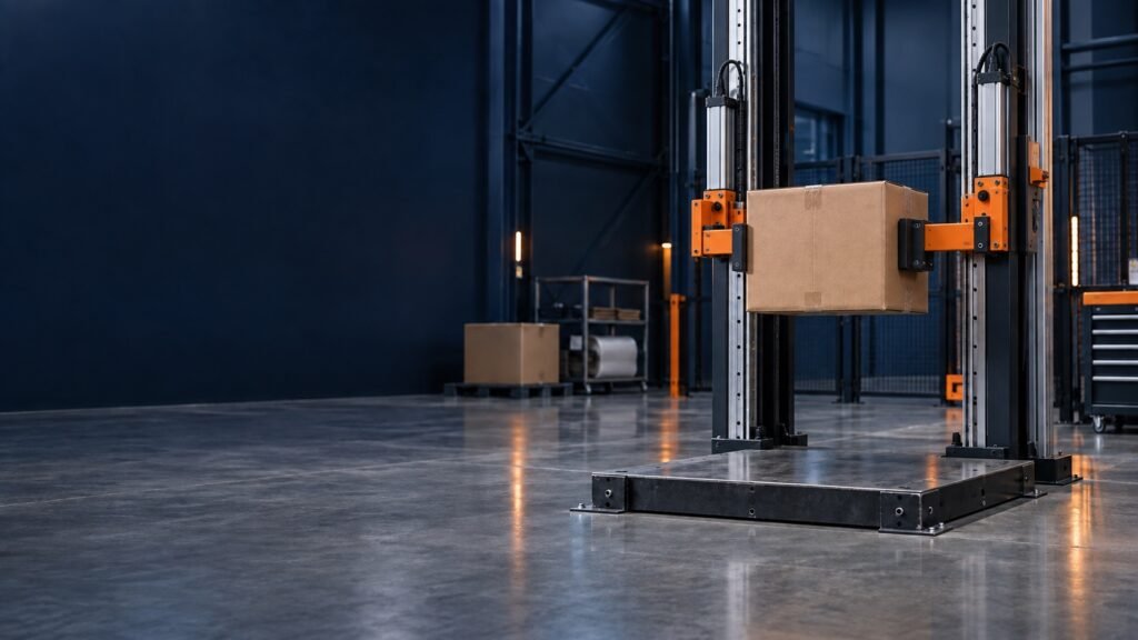 Sealed shipping carton held above an impact platform during a controlled package drop-capability review