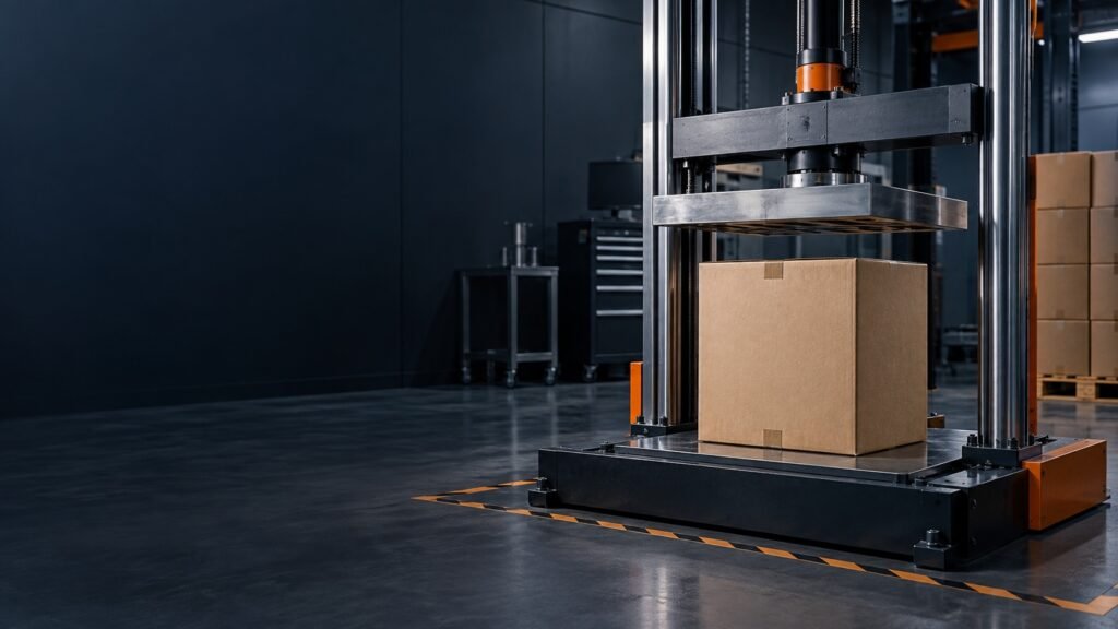 Corrugated package beneath a top-load compression test frame in an industrial packaging laboratory